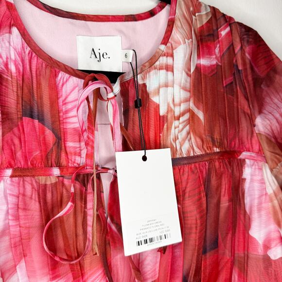 Aje Floral Prismatic Red Pink Long Sleeve Statement Sleeve Mini Dress US 2/AUS 6 - Picture 5 of 10